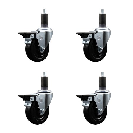 Service Caster 4'' Soft Rubber Swivel 1-1/4'' Expanding Stem Caster Set with Brake, 4PK SCC-EX20S414-SRS-PLB-114-4